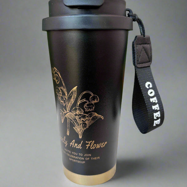 Elegant Insulated Tumbler - Black & Golden Flower Design 600 ML - Project M Shop