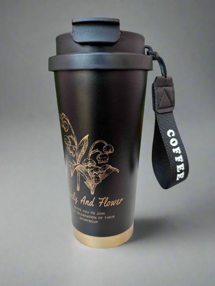Elegant Insulated Tumbler - Black & Golden Flower Design 600 ML - Project M Shop