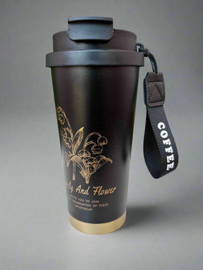 Elegant Insulated Tumbler - Black & Golden Flower Design 600 ML - Project M Shop