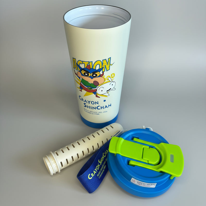 Crayon Shinchan-themed tumbler with a strap and lid on a white surface.