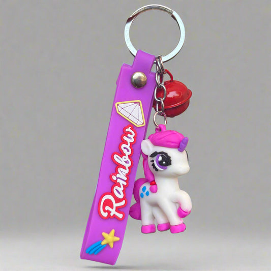 Purple and White Pony Keychain with Strap and Bell - PVC Rubber - Project M Shop
