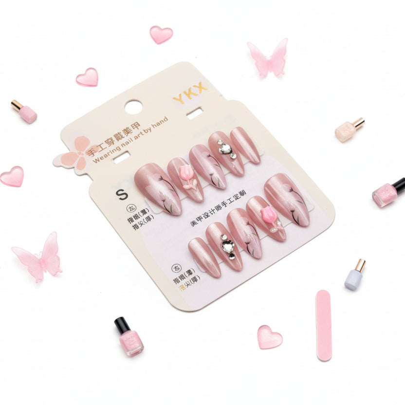 White Flower Charms Cute Press-On Nails - Size S - Project M Shop