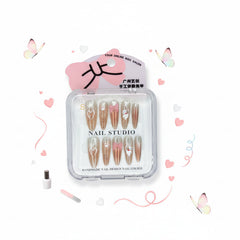 Rosy Heart & Kitty Charms Elegant Long Press-On Nails -  Size S - Project M Shop