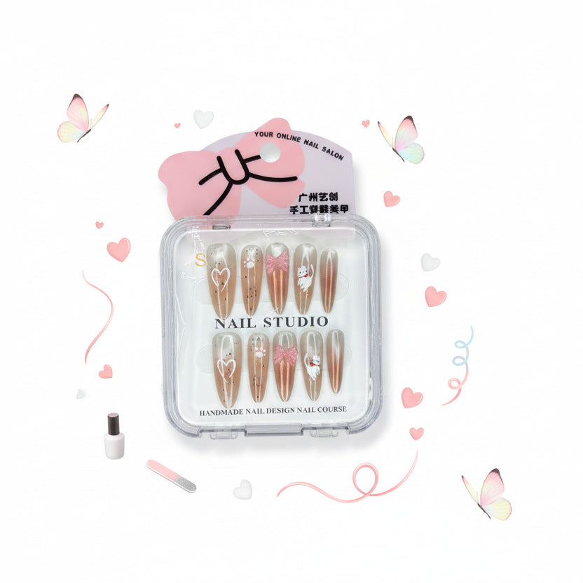 Rosy Heart & Kitty Charms Elegant Long Press-On Nails -  Size S - Project M Shop