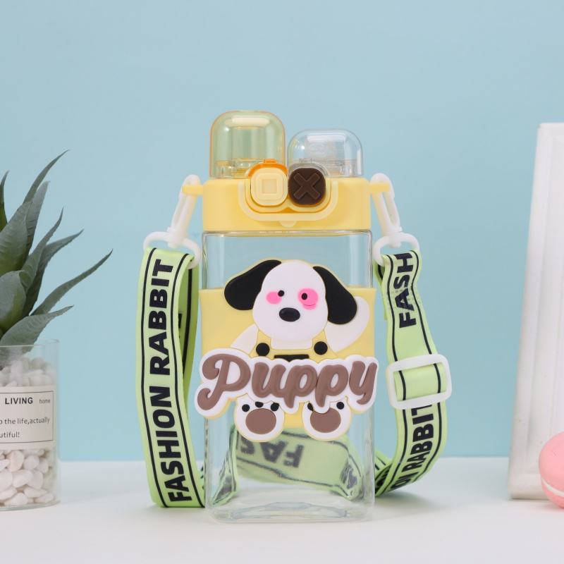 Cute Kids Plastic Water Bottle with Cartoon Strap - 550 Ml - Random Color - Double Cap Design