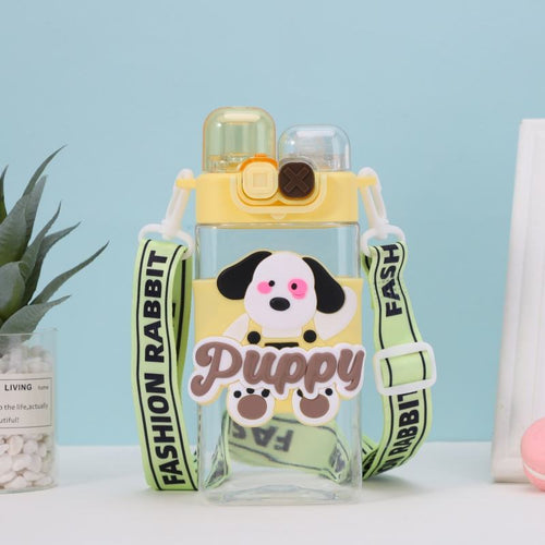 Cute Kids Plastic Water Bottle with Cartoon Strap - 550 Ml - Random Color - Double Cap Design