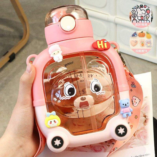 Magic Bear Cartoon Cover Double Straw Plastic Water Bottle - 1000 ML - Random Color - Project M Shop