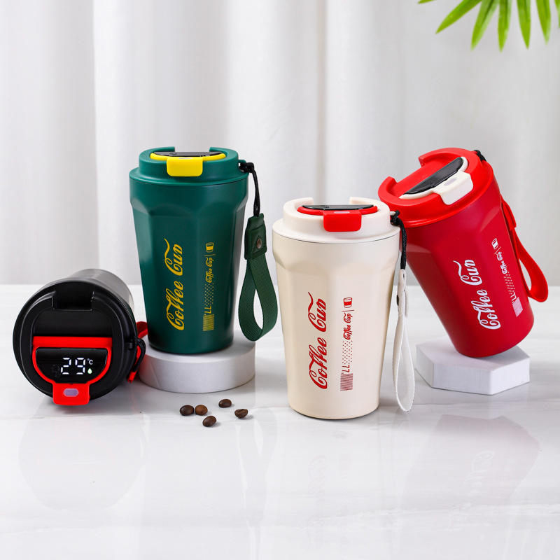 Insulated Coffee Tumbler with LED Temperature Show Lid and Handle - Double Wall Stainless Steel - 700 ML