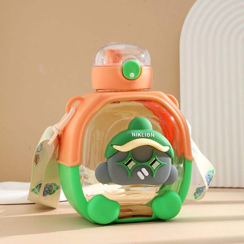Cartoon Double-Drinking Water Bottle with Convenient Strap & 3D Patchwork - 1000 ML