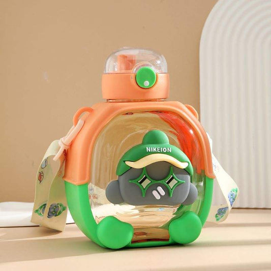Cartoon Double-Drinking Plastic Water Bottle with Convenient Strap & 3D cartoon Patchwork - 1000 ML - Project M Shop