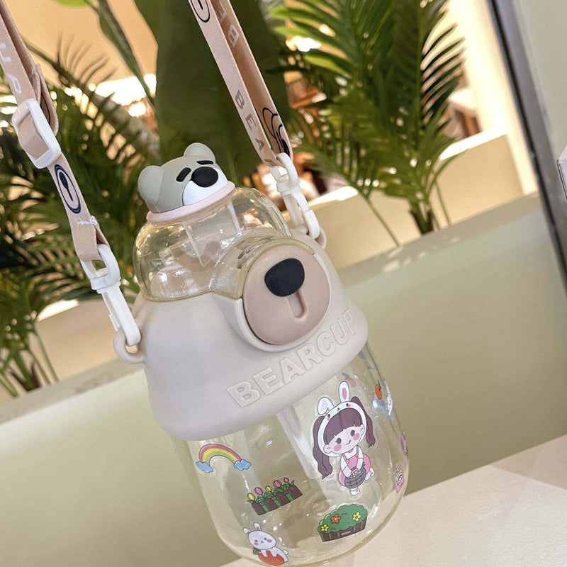 Bear Portable Straw & Anti-Fall Big Belly Plastic Water Bottle - 800 ML - Random Color - Project M Shop