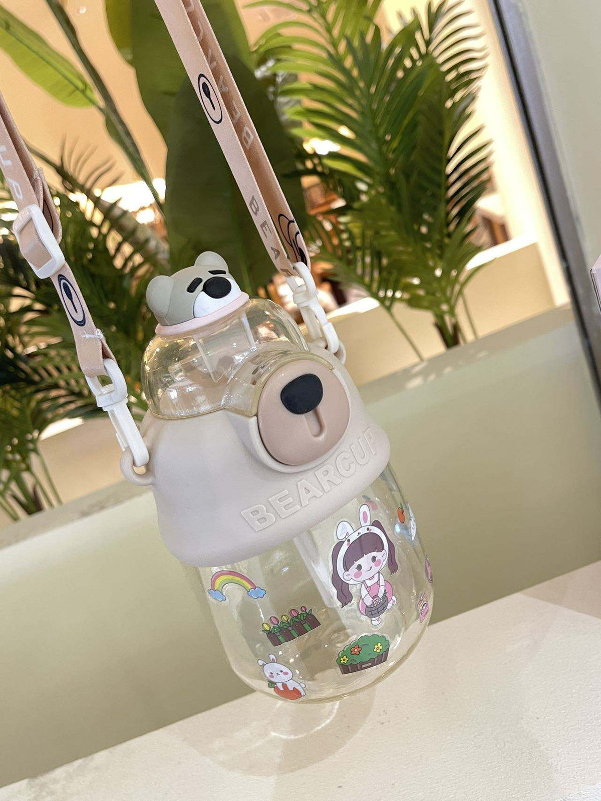 Bear Portable Water Bottle - 800 ML Anti-Fall Big Belly Plastic with Random Color Straw