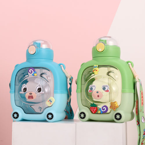 Magic Bear Water Bottle - Cartoon Cover Double Straw Plastic - 1000 ML - Random Color