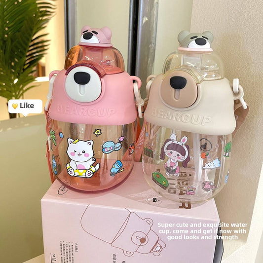Bear Portable Straw & Anti-Fall Big Belly Plastic Water Bottle - 800 ML - Random Color - Project M Shop
