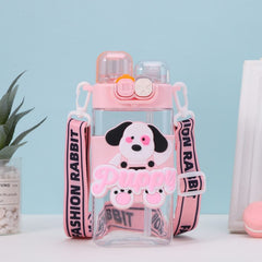 Cute Double Cap Plastic water bottle for Kids with Cartoon Strap - 550 Ml - Random Color - Project M Shop