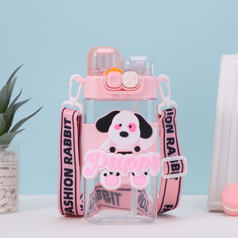 Cute Kids Plastic Water Bottle with Cartoon Strap - 550 Ml - Random Color - Double Cap Design