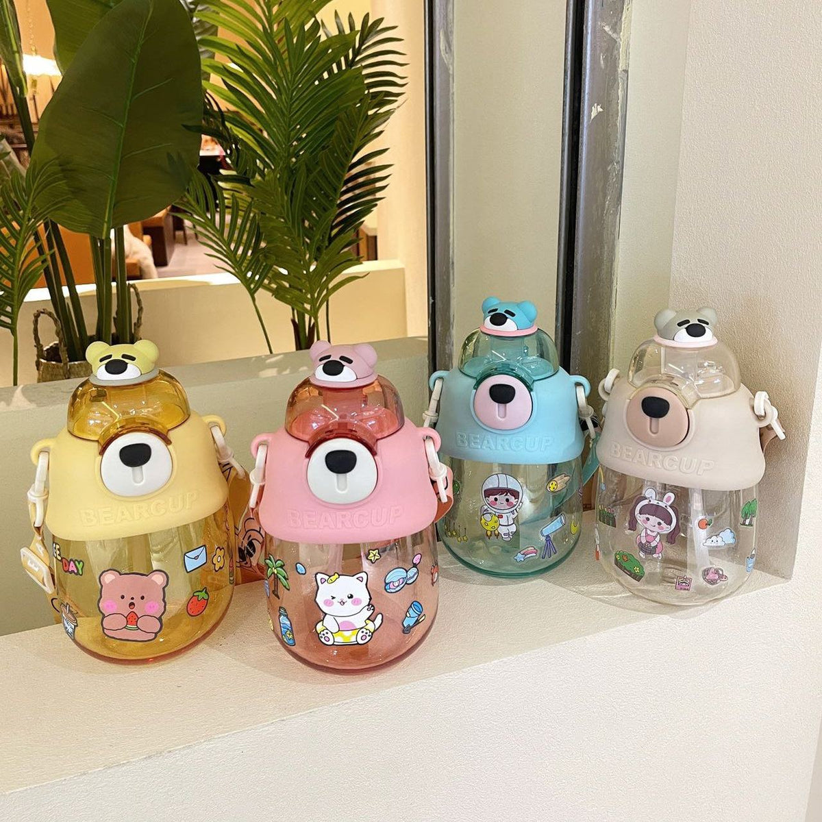 Bear Portable Water Bottle - 800 ML Anti-Fall Big Belly Plastic with Random Color Straw