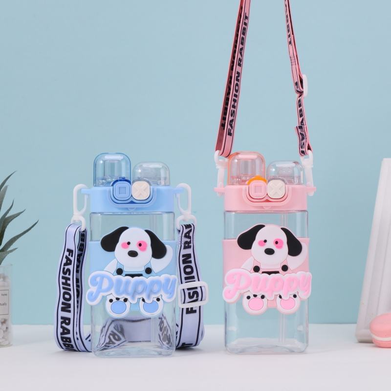Cute Kids Plastic Water Bottle with Cartoon Strap - 550 Ml - Random Color - Double Cap Design