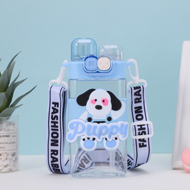 Cute Kids Plastic Water Bottle with Cartoon Strap - 550 Ml - Random Color - Double Cap Design