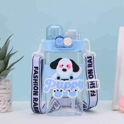 Cute Double Cap Plastic water bottle for Kids with Cartoon Strap - 550 Ml - Random Color - Project M Shop