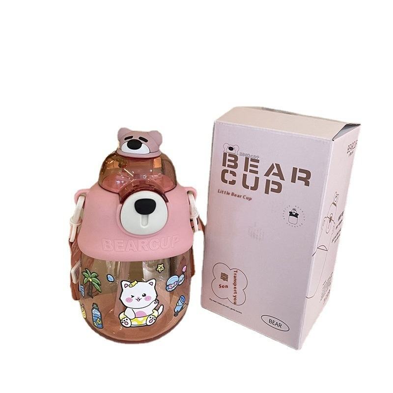 Bear Portable Water Bottle - 800 ML Anti-Fall Big Belly Plastic with Random Color Straw