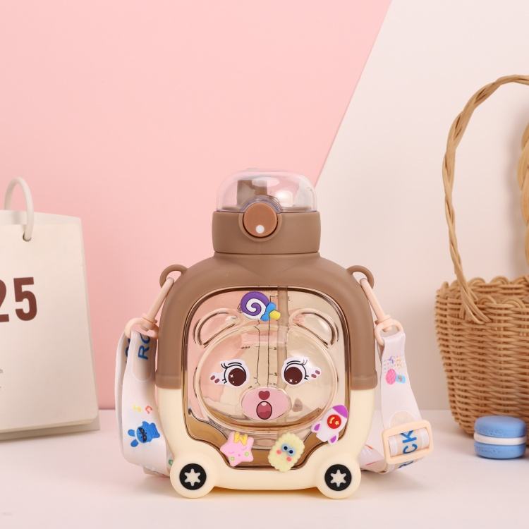 Magic Bear Water Bottle - Cartoon Cover Double Straw Plastic - 1000 ML - Random Color