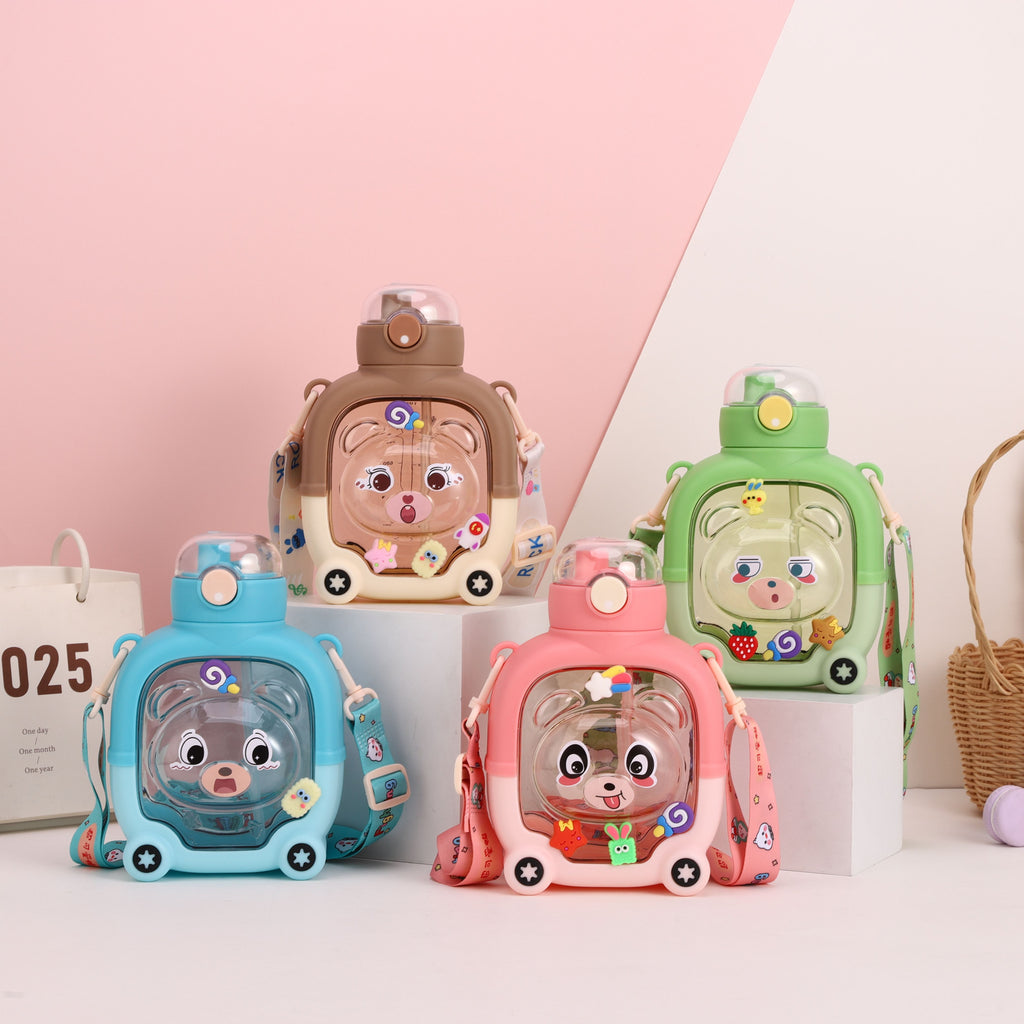 Magic Bear Cartoon Cover Double Straw Plastic Water Bottle - 1000 ML - Random Color - Project M Shop