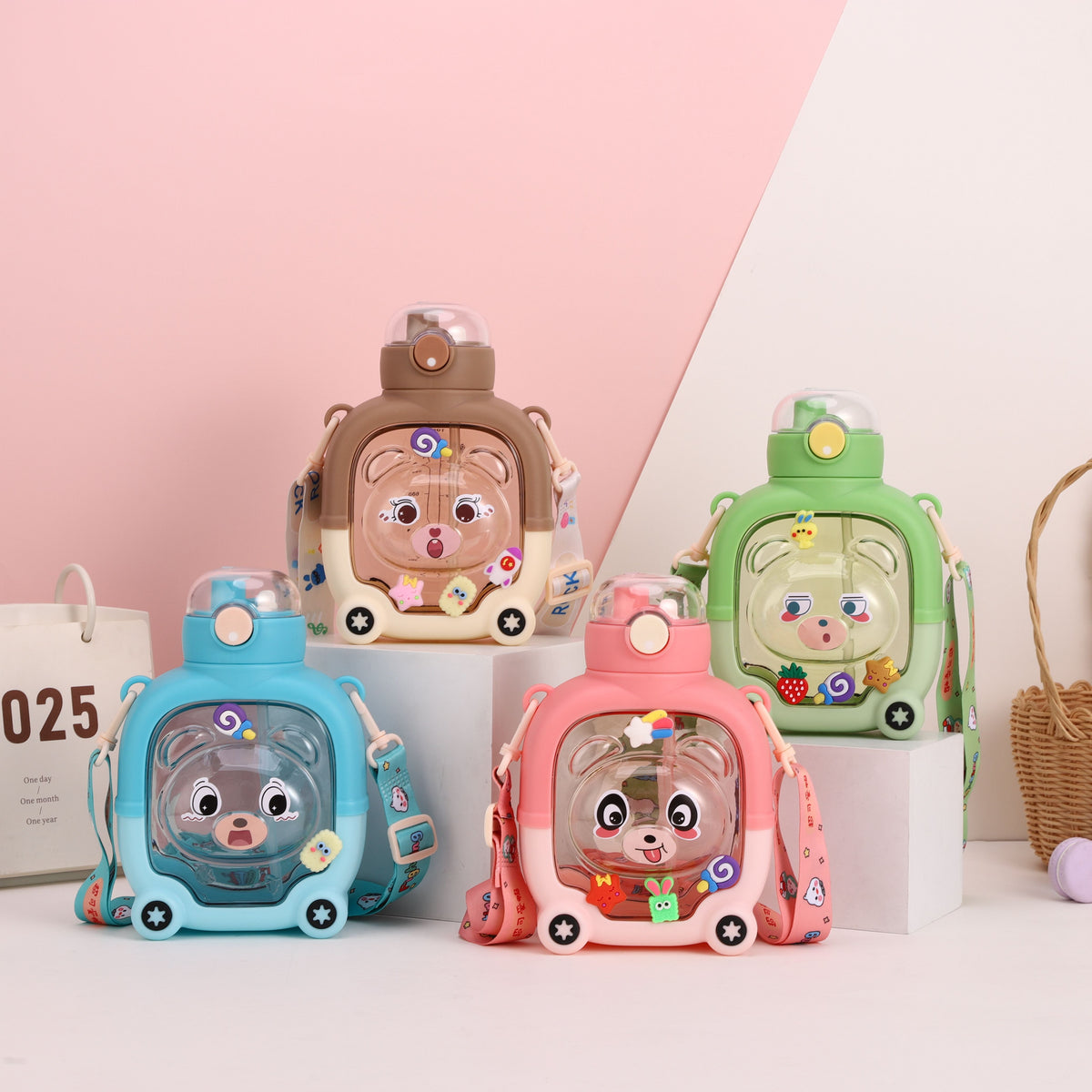 Magic Bear Water Bottle - Cartoon Cover Double Straw Plastic - 1000 ML - Random Color