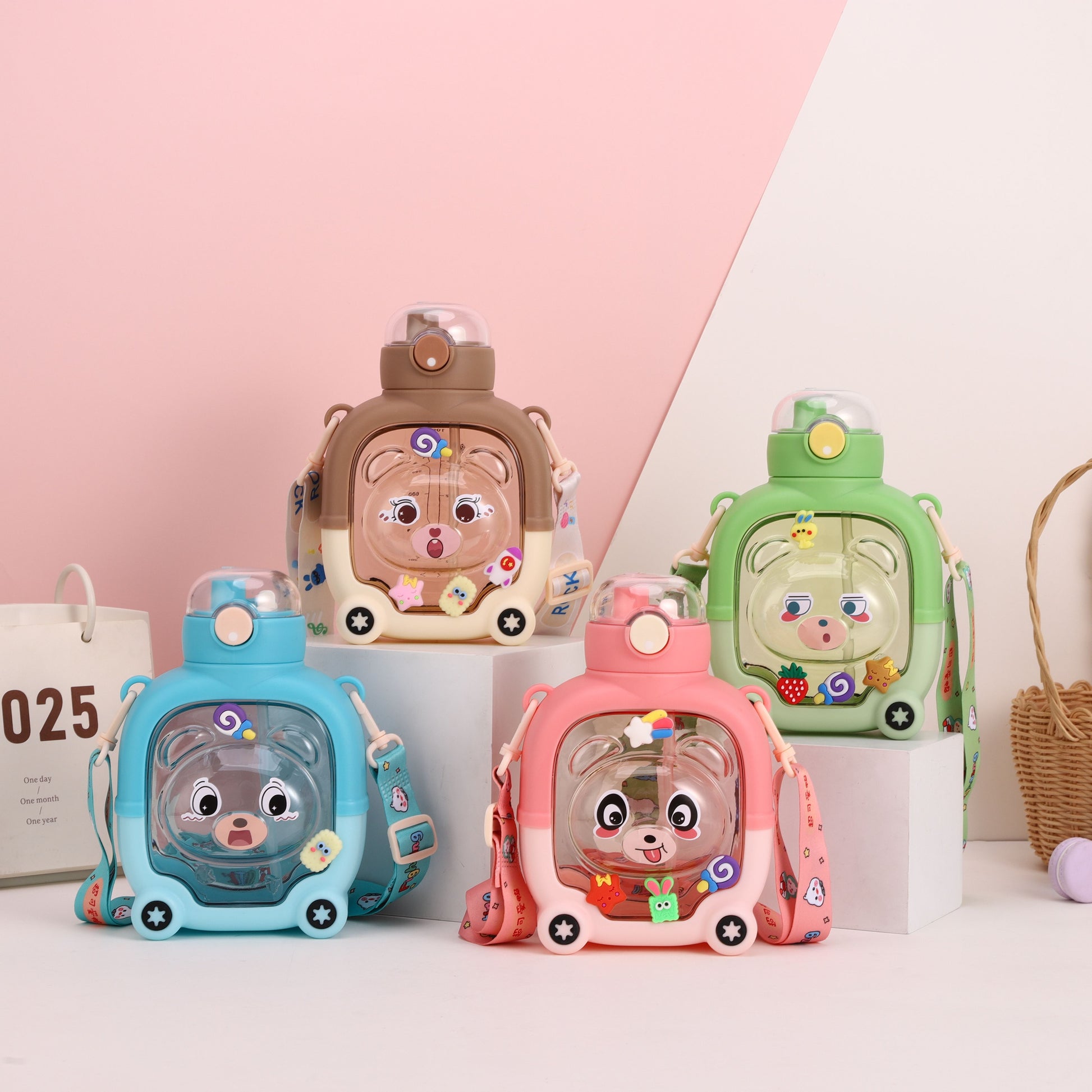 Magic Bear Cartoon Cover Double Straw Plastic Water Bottle - 1000 ML - Random Color - Project M Shop