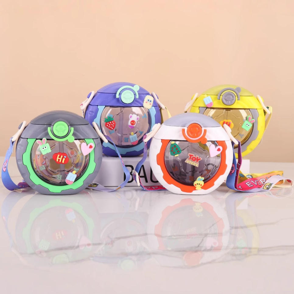 Round 3D Decorative Kids Portable Cartoon Water Bottle with Pop-up Lid & Plastic Straw - 500 Ml - Random Color - Project M Shop