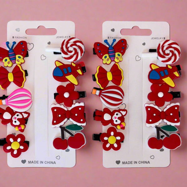 Set of 2 Red Cherry Hair Clips for Girls - 10 PCs Hair Clip Set - Project M Shop